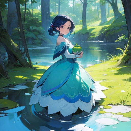 Garota sorrindo, , cabelo curto e azul, asas de gelo, vestido azul e branco, de costas, scenery is a forest, she has a little frozen frog in her hands, manga cover style, sombra de um sapo gigante ao fundo,