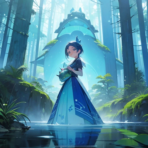 Garota sorrindo, , cabelo curto e azul, asas de gelo, vestido azul e branco, de costas, scenery is a forest, she has a little frozen frog in her hands, manga cover style, sombra de um sapo gigante ao fundo, 