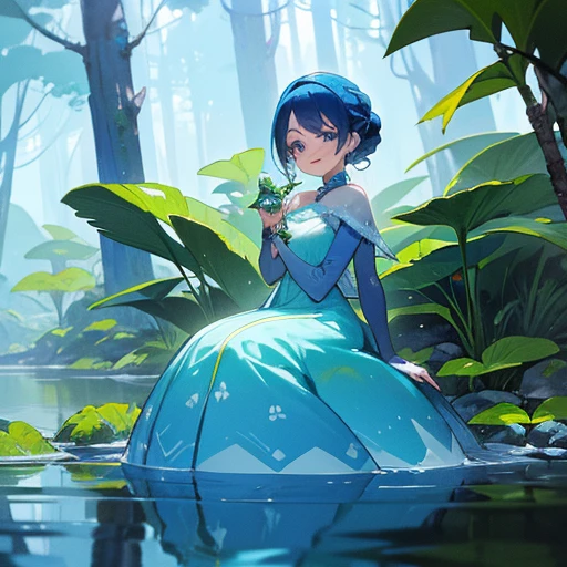 Garota sorrindo, , cabelo curto e azul, asas de gelo, vestido azul e branco, de costas, scenery is a forest, she has a little frozen frog in her hands, manga cover style, sombra de um sapo gigante ao fundo, 