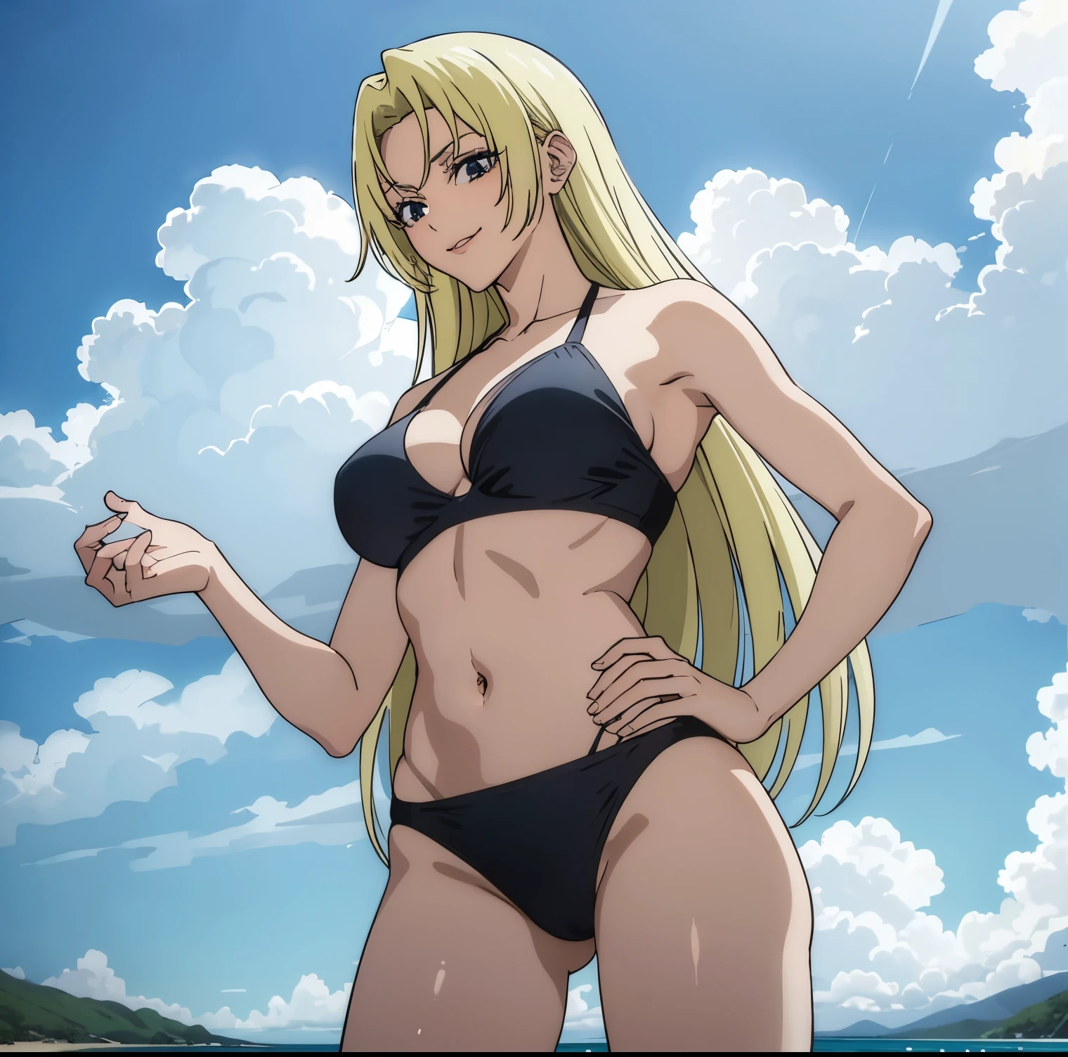 1 girl, alone, Yuki Tsukumo, ((best quality)), ((highly detailed)), masterpiece, detailed, large breasts, medium waist, wide hips, medium thighs, round butt, mature woman, blonde, long hair, female focus, sexy body, seductive, smile, standing, beach, sea, sunny, clouds, 1 girl, alone, black bikini, black bra, black thong, looking at viewer, from behind, POV (From below), cowboy shot, smile, hand on hip, perfect hands, perfect anatomy