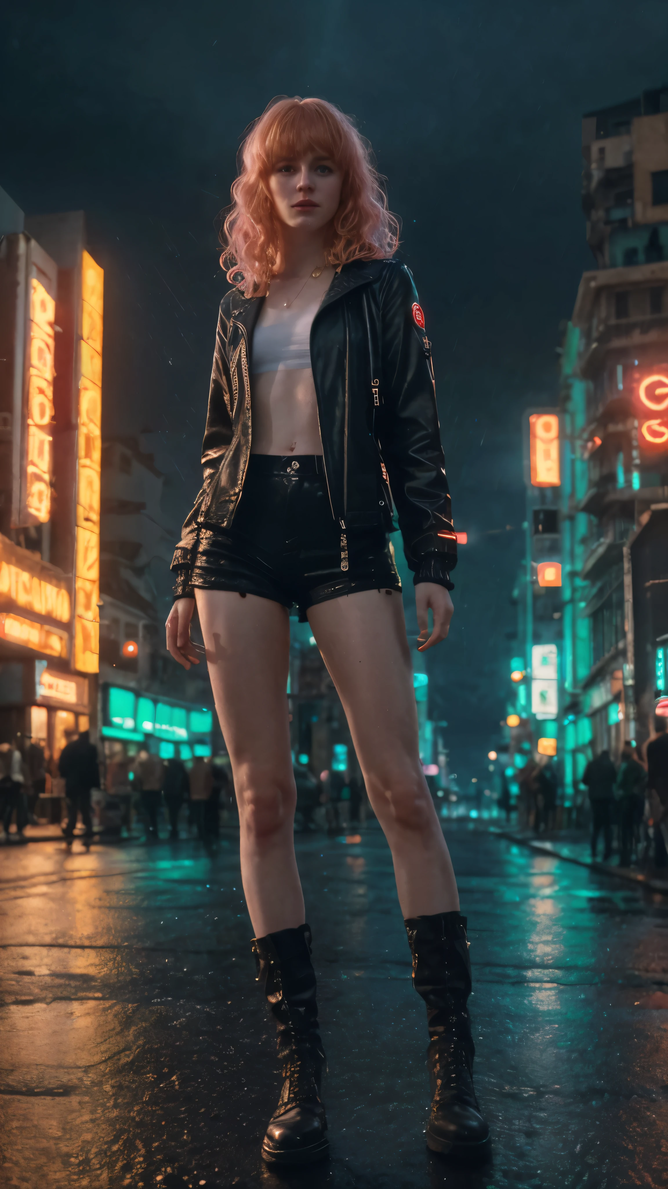 a 20 year old girl, pale skin, (Irish),(Swiss),(Czech),fountain curled bangs, strawberry blonde hair, thin, skinny, cyberpunk outfit, standing outside a night club,(best quality,4k,8k,highres,masterpiece:1.2),ultra-detailed,(realistic,photorealistic,photo-realistic:1.37),neon lights,rainy night,moody atmosphere,glowing cyberpunk city in the background,dramatic lighting,intricate details,vivid colors