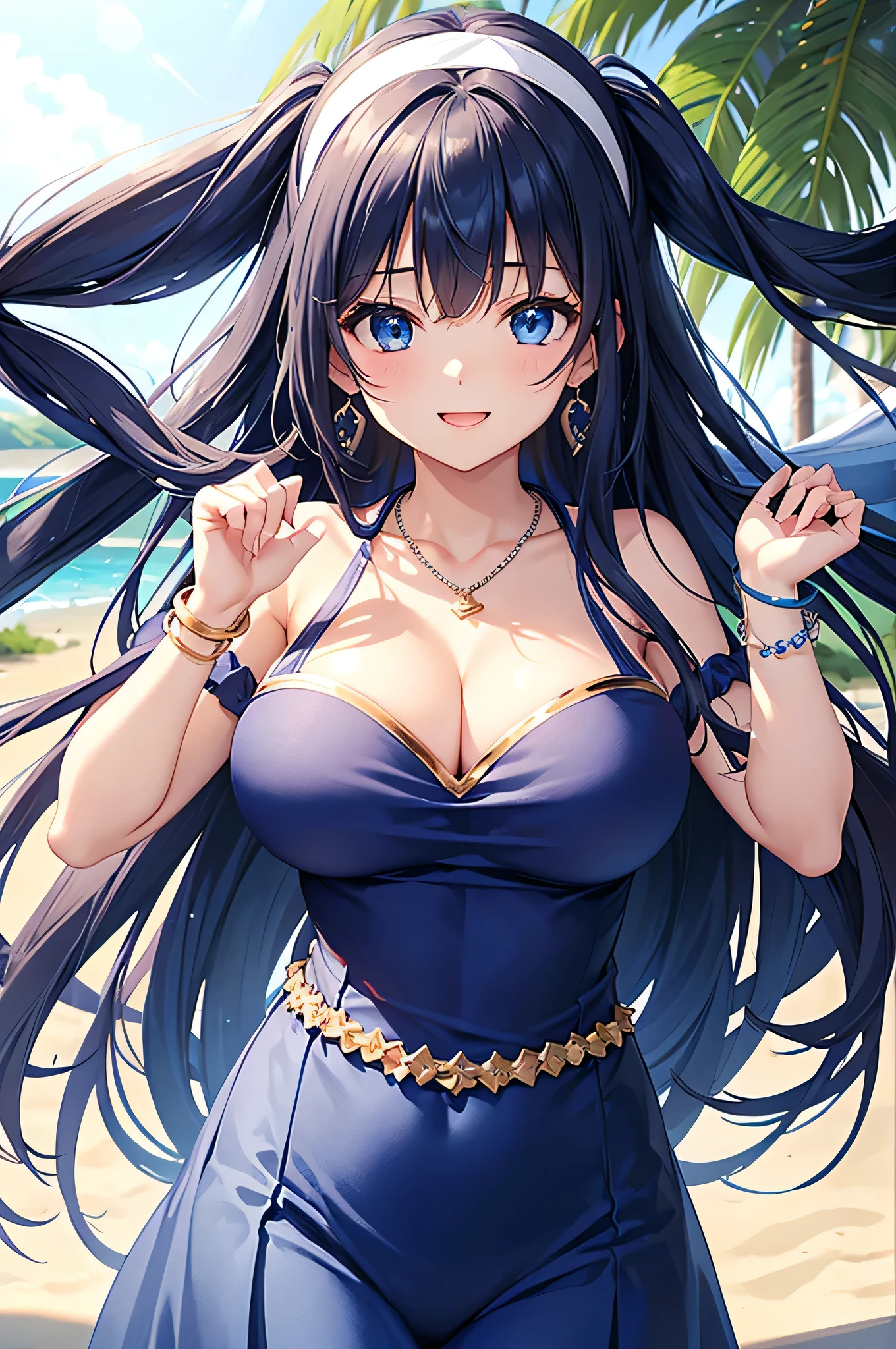 highest quality、Highest quality、masterpiece、beautiful girl、Navy blue long hair、blue eyes、Navy Blue Bikini、Big cleavage、(Big Breasts),smile、blue necklace、Blue Earrings、background(Beach)、Please open your mouth wide、White headband、bracelet、Raise both arms and place hands behind your head,Raise both elbows all the way up above your head