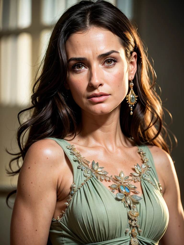 (best quality, masterpiece, highest detailed), (photorealistic:1.2), raw photo, Demi Moore portrait , looking at the viewer, studio light, (vibrant color), (intricate details), exposure blend, bokeh  , dim light, (hdr:1.4), high contrast, (muted colors, dim colors, soothing tones:1.3), low saturation, morbid