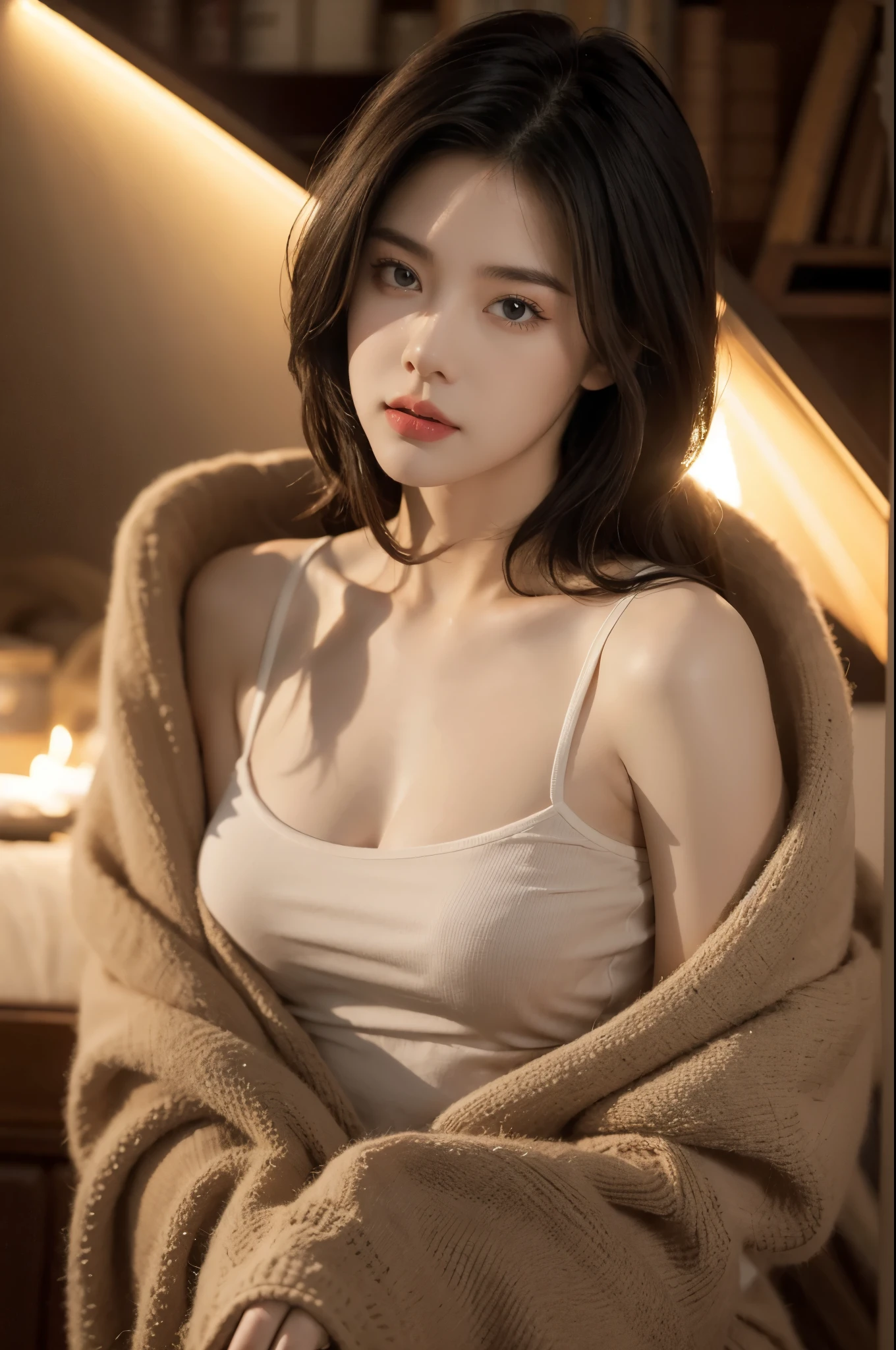 Innocent 14-year-old girl、(Wearing pajamas)、Sitting in the room、A Smile、Raw foto, (8K、Top Quality、masterpiece:1.2)、(delicate detail:1.4)、(Photorealcitic:1.4)、octan render、Complex 3D rendering, Ultra-detail, Studio Soft Light (Studio Soft Light), Rim Light, vibrant details, Super detailing, Realistic Skin Textures, Detail Face, Beautiful detail eyes, Highly detailed CG Unity 16k wallpapers, Makeup-, (detailed background:1.2), shinny skin、turned around、exposed thighs!!!、