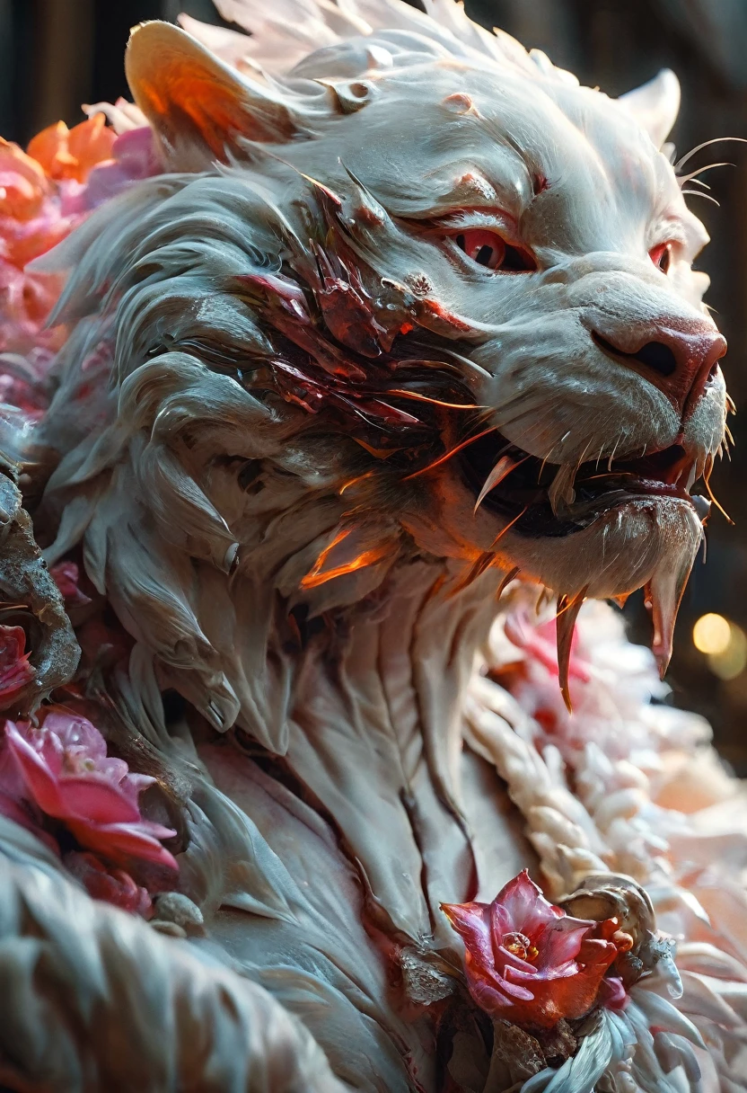 (highest quality,4K,8k,High resolution,masterpiece:1.2), Super detailed, (Realistic,photoRealistic,photo-Realistic:1.37), white creature, Otherworldly, Lovecraft, Chitinous Skin, Bioluminescence Pattern, Dark color palette, Spooky lighting.(Browsing Caution:1.4), white, pink, orange, Very long and sharp red claws, Big Claws, Her body is bioluminescent. Moisturized Skin, (Extremely detailed and intricate skin patterns:1.2), (Translucent chitinous exoskeleton:1.3), (Very small waist:1.4), (Destroyed Anatomy:1.5), violent, erotic,raccoon dog,raccoon dog:18,raccoon dogの妖怪,