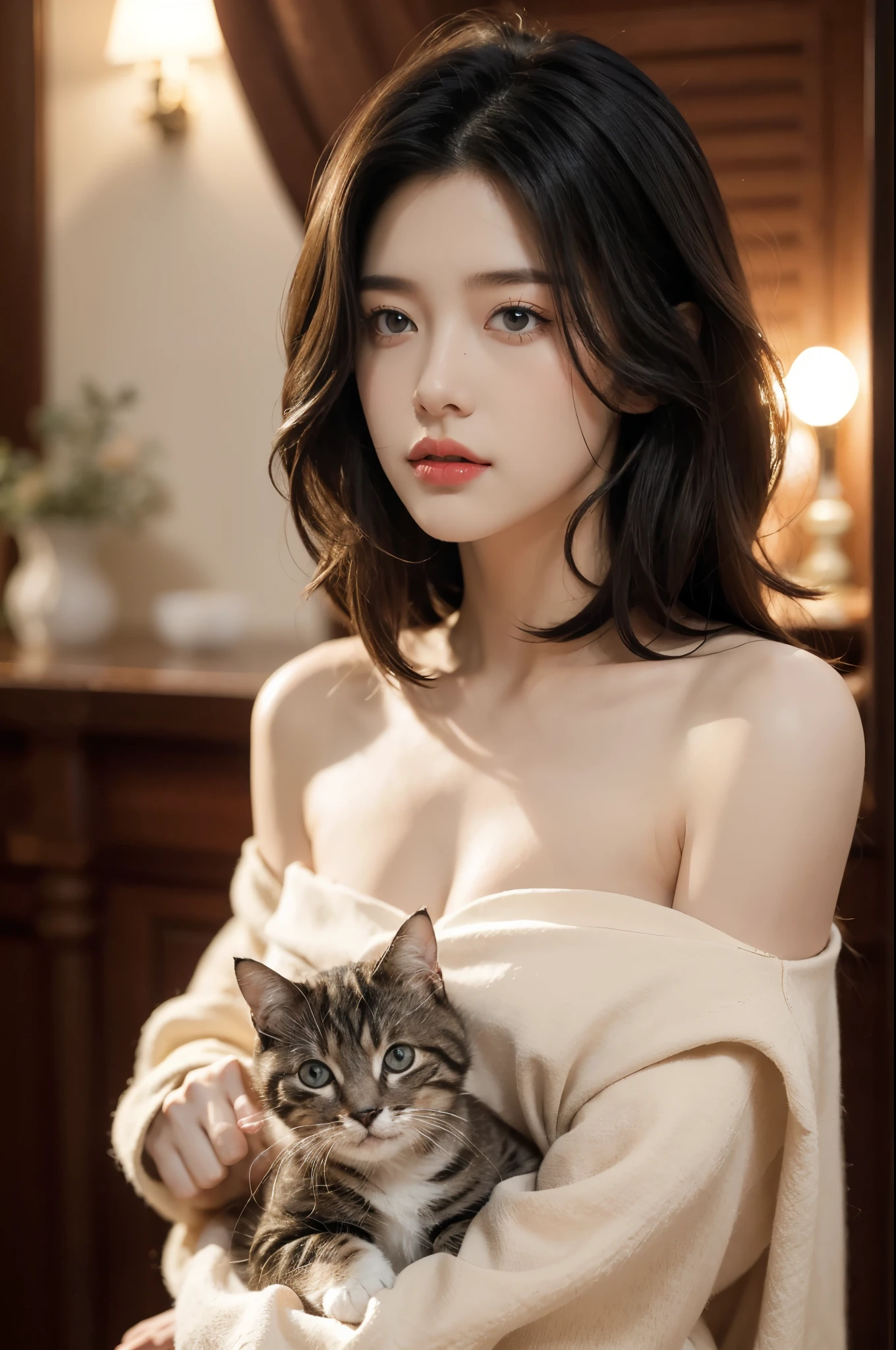 best qualtiy， tmasterpiece， ultra high resolution， （realisticlying：1.5）， RAW photogr， 1 cat， adolable， in the darkness nigth， deep shading， low tune， cold light， Sexy look,shoulder length straight bob hair,slim