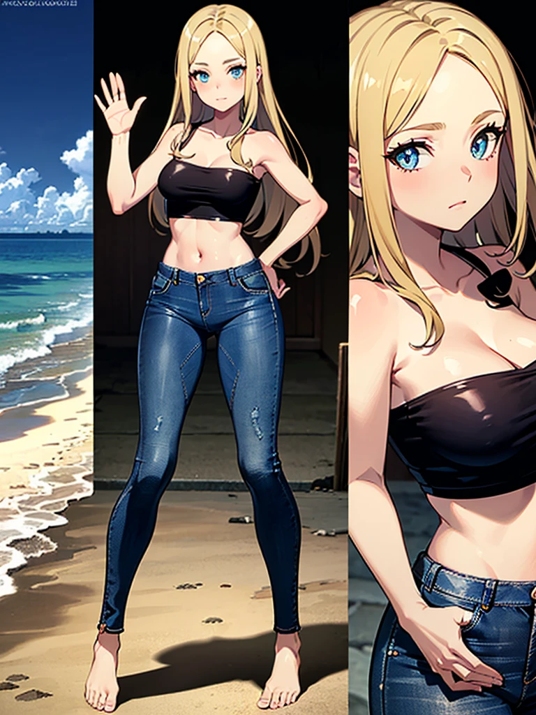 masterpiece, Very nice view, perspective, highest quality, Extremely detailed CG, 8k wallpaper, High resolution, Highly detailed face, Highly detailed eyes, Perfect Anatomy, Highly detailed skin,
(Dynamic Angle, Dynamic pose:1.2), Beach, Smooth Waves, (Portraiture, Focus on the legs, whole body), (Beautiful Face, 1 girl:1.8, alone, Beautiful Eyes, Beautiful feet:1.3), ((((waving at viewer)))), blush, Worried,
1 girl:1.8, alone, (Black Tube Top:1.3), (skinny jeans:1.3), chest, Blonde, Long Hair, Floating Hair, Straight hair, Open forehead, (barefoot:1.3), blue eyes, (belly button:0.8), skinny, thin, Wide Hips, thinウエスト