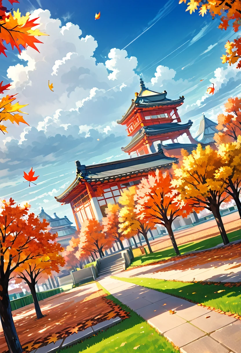 Chinese style,Ultra wide angle viewing angle,Beautiful scenery in autumn,campus,purely,Clouds,Autumn Leaves,Fallen leaves all over the ground,oc rendering,high quality,8K,Ultra-fine,Surrealism,Super real photos,Extremely detailed