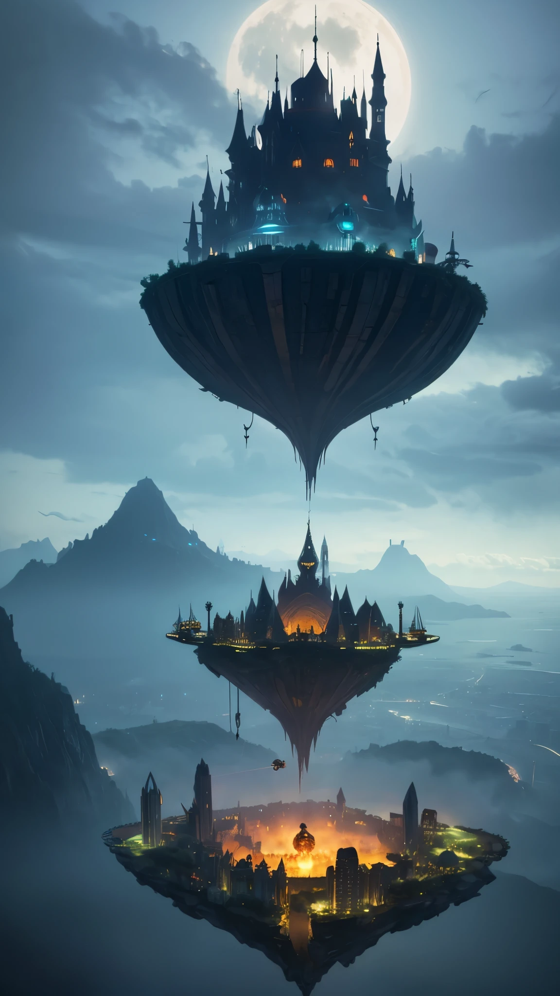 A spooky, futuristic floating island in the air, City, Fantasy, (The bad guy&#39;s hideout), (cute), cute, cute, Anime Style, Technical, dark, interesting, Magical Plant Growth, Extreme Detail, Realistic Light, blue sky, A magnificent composition, (Intricate details), (Intricate Design, Super detailed: 1.2), Art Station, (masterpiece, highest quality), Ultra HD, 32k --v6