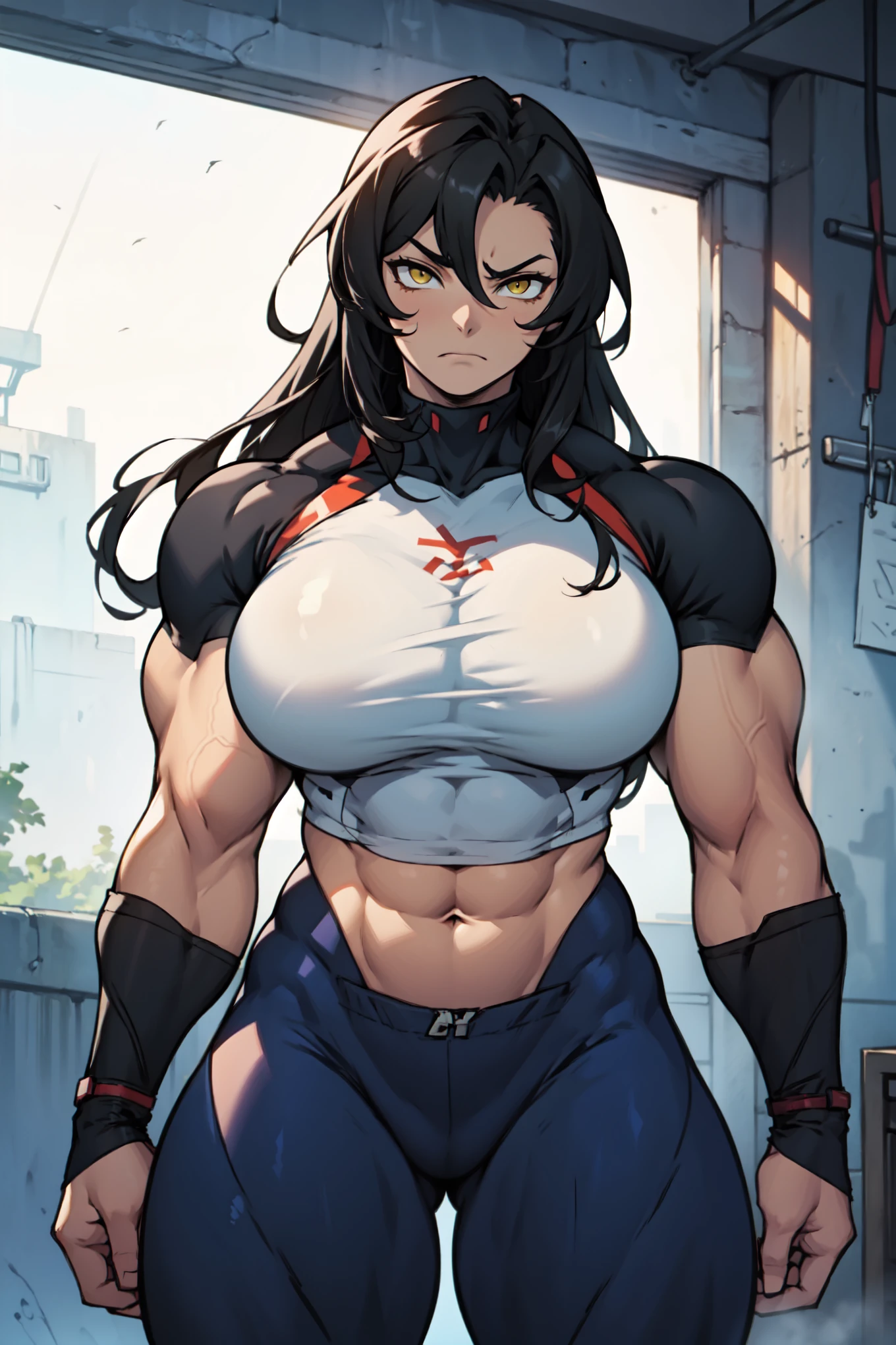 huge muscles huge breasts huge thighs pale skin black hair yellow eyes very long hair muscular girl sad frown expressionless skintight