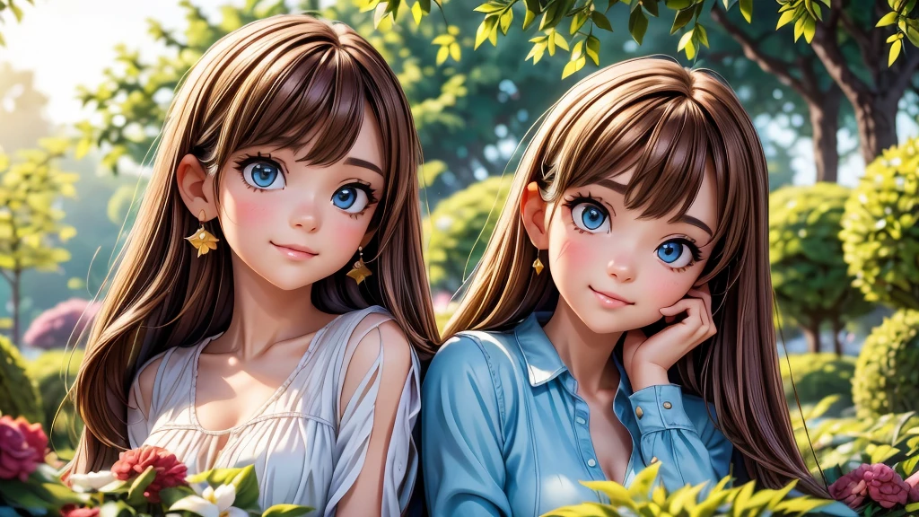 A young girl with a cat, detailed portrait, beautiful eyes, delicate facial features, brown hair, sitting in a lush garden, warm sunlight, vibrant colors, detailed clothing, cat curled up next to her, (best quality,4k,8k,highres,masterpiece:1.2),ultra-detailed,(realistic,photorealistic,photo-realistic:1.37),intricate details,natural lighting,cinematic composition,vibrant colors,soft bokeh