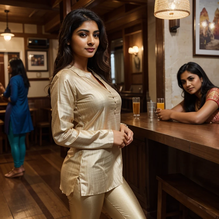 A charming Indian woman with an elegant posture and incomparable beauty & there friends. Her soft dimples and realistic expression lines add authenticity. She is dressed in a silk kurta and leggings, with realistic skin texture. She stands indoors in a PUB during the Nighttime, looking straight at the camera in a dynamic pose. To capture this extraordinary scene, a high-resolution camera such as the Phase One XF IQ4 150MP is required. The lighting is diffused and natural, minimizing harsh shadows. The camera settings include a medium aperture, adjusted shutter speed, and a high-quality wide-angle lens with a focal length of approximately 35mm to capture the entire scene in an immersive way. Sharp, precise details are captured, from her wavy hair to the complex clothing patterns, ensuring a natural and stunning image.
