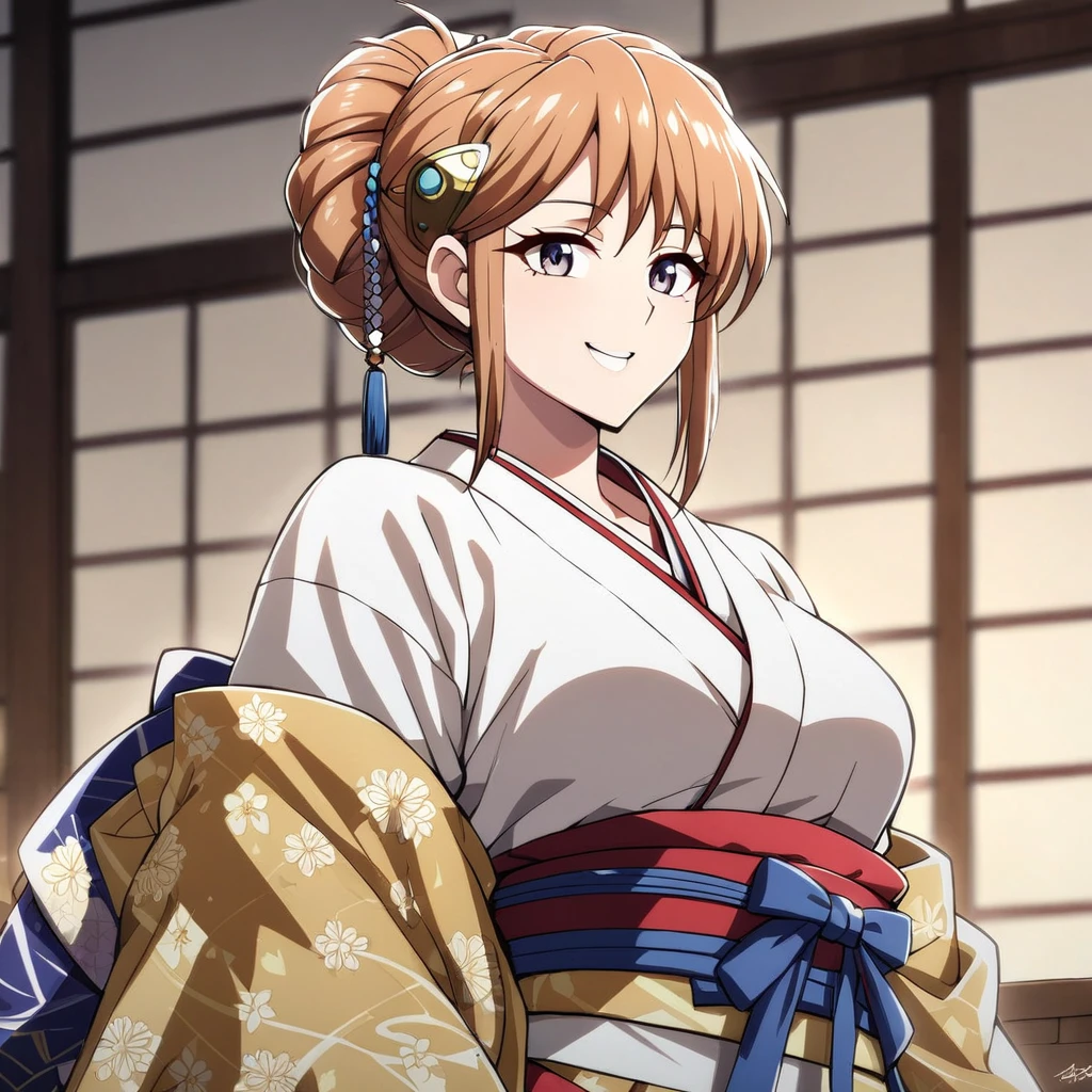 ((highest quality)), ((masterpiece)), (detailed), （Perfect Face）、（The woman is Princess Leona, with long light brown hair and a happy smile, and is in a luxurious samurai mansion.、The woman is wearing a gorgeous Japanese kimono with gorgeous embroidery, her hair styled in a bunkin takashimada style, and adorned with gorgeous accessories from the Edo period, including a gorgeous hairpin.）