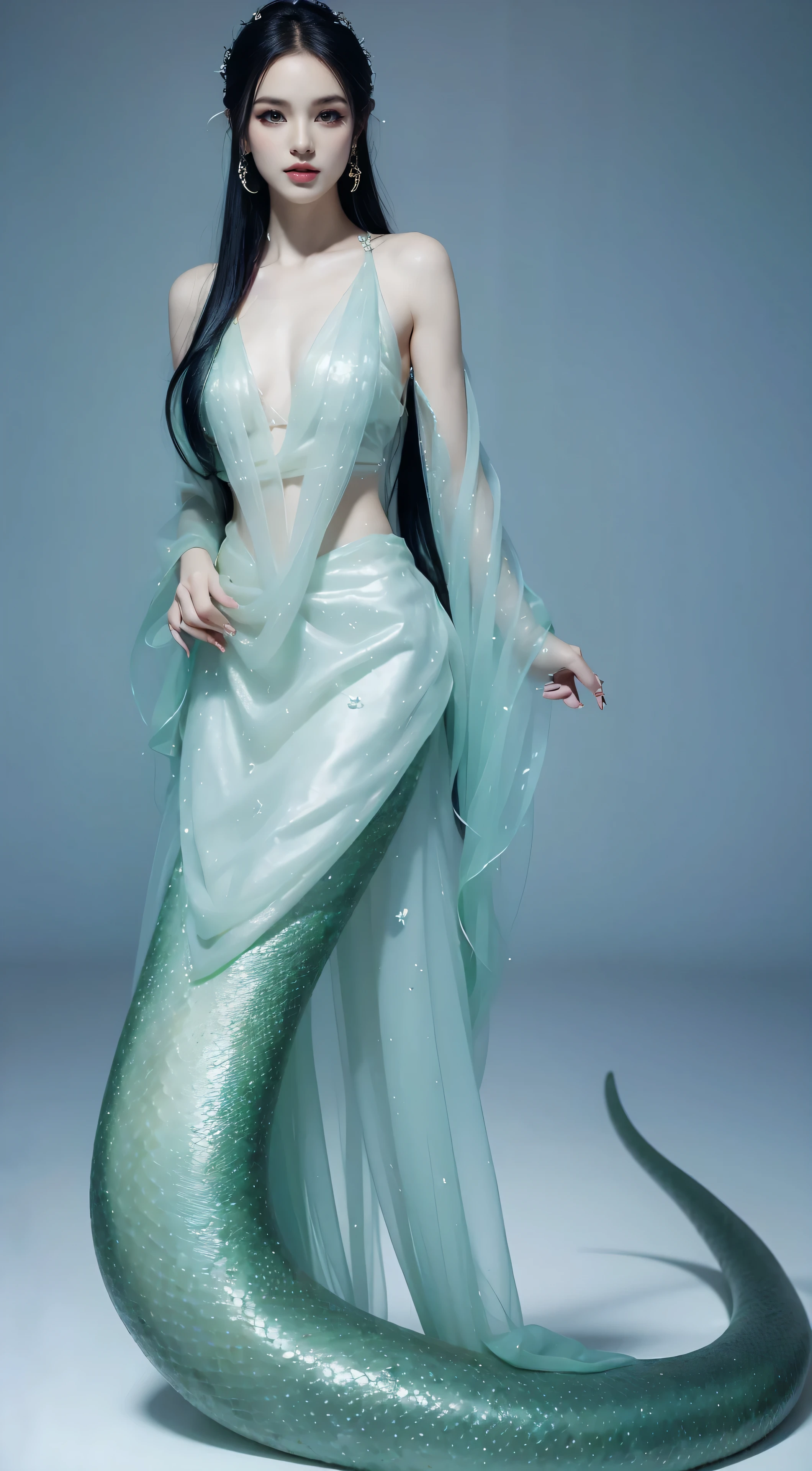 《Green Snake》，Xiaoqing，（masterpiece，Ultra-clear，high quality，CG）RAW photos，（Mermaid：1.2），（long snake tail：1.3），long hair，Accessories，Exquisite makeup，Detailed facial features，clavicle，Big breasts and thin waist，Skin smooth and delicate，Detailed hands，Reflective scales，（Transparent cyan tulle skirt），Aesthetic，Long-distance full-body image，8K