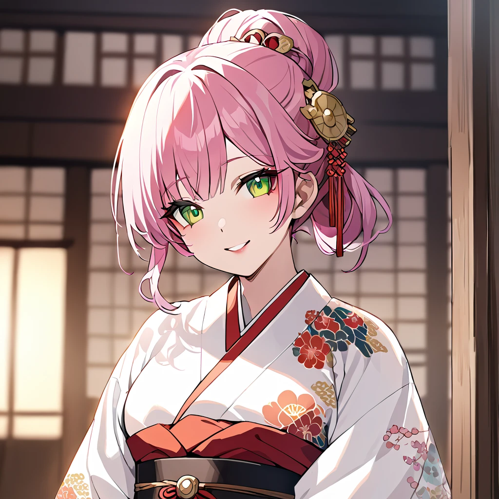 ((highest quality)), ((masterpiece)), (detailed), （Perfect Face）、（The woman is Rena, with short pink hair and a happy smile, and is in a luxurious samurai mansion.、The woman is wearing a gorgeous Japanese kimono with gorgeous embroidery, her hair styled in a bunkin takashimada style, and adorned with gorgeous accessories from the Edo period, including a gorgeous hairpin.）