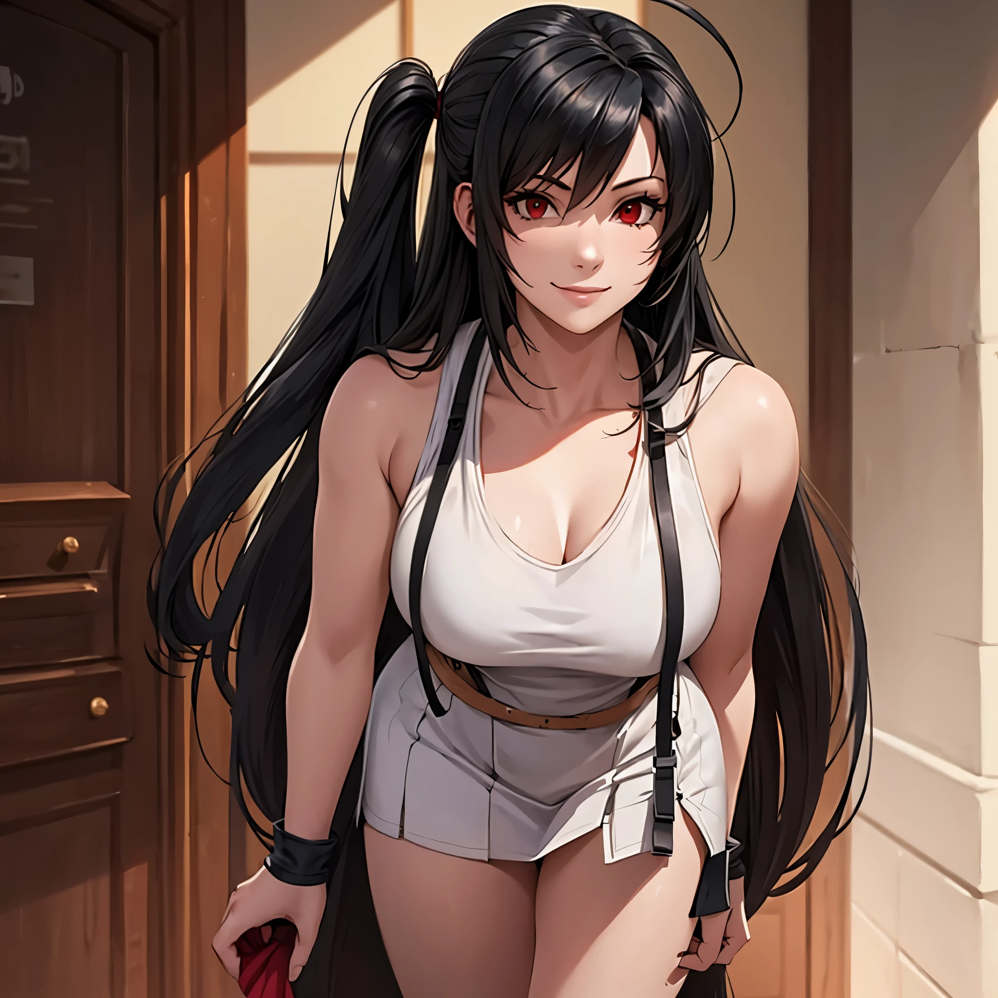 A woman wearing the standard costume of Tifa Lockhart, Final Fantasy VII (SQUARE ENIX) long black hair, red eyes, smiling, Ahoge, white shirt, short sleeveless shirt, short black skirt, black socks, red sneakers, red gloves, walking in a luxury room with marble, full length. shadow, flower, UHD, masterpiece, accurate, anatomically correct, textured skin, super detail, high quality, best quality, 8k, high resolution, bokeh effect. (woman alone)
