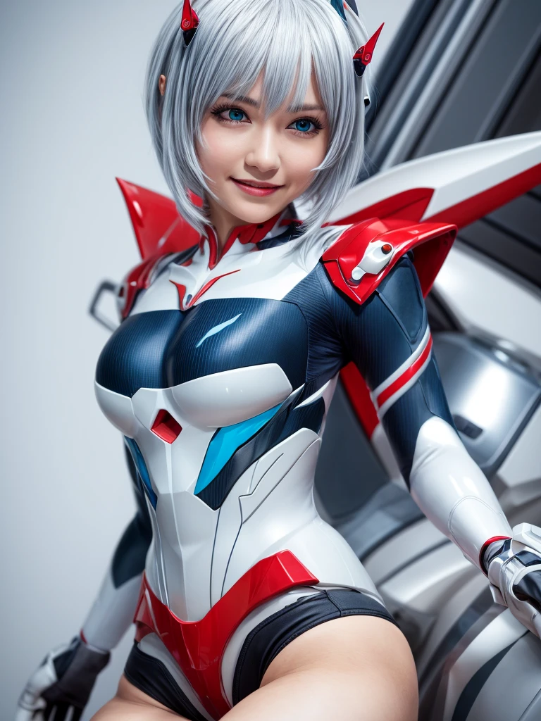 Masterpiece, highest quality, 8K, detailed skin texture, fine cloth texture, beautiful detailed face, intricate details, super detailed, portrait of Rei Ayanami, blue hair, red eyes, looking far away, no background, Evangelion Wearing a plug suit when riding, plug suit, whole body visible, standing, arms crossed, 15 years old, beautiful, cute, great style, smiling,composition that shows the whole body,