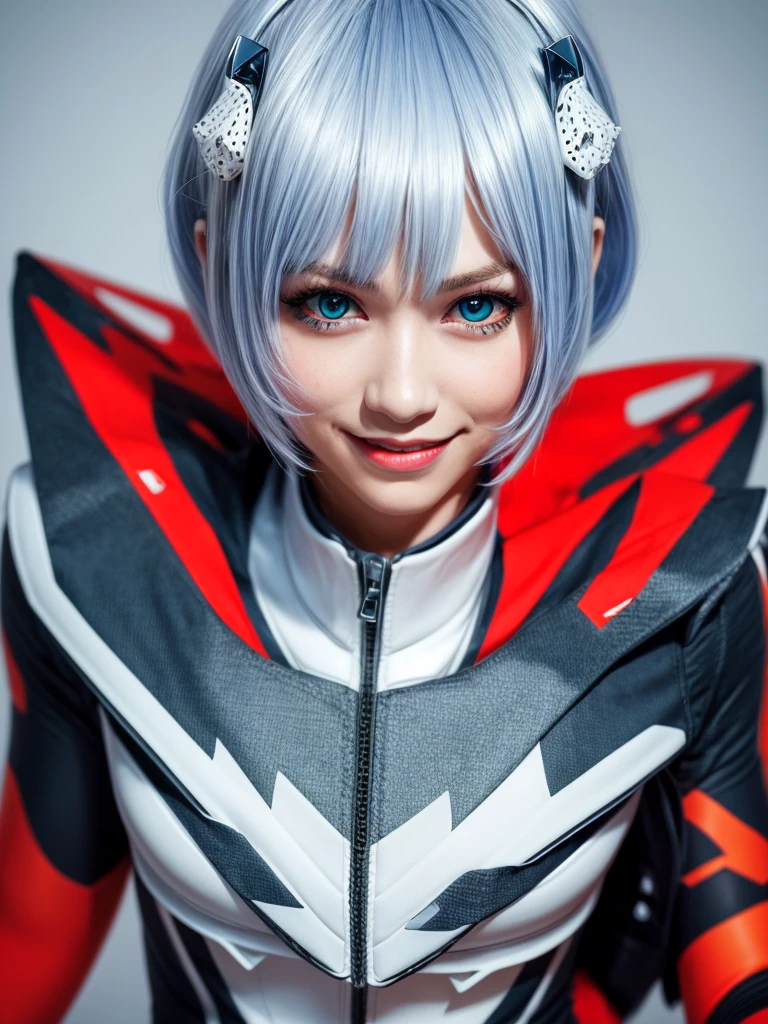 Masterpiece, highest quality, 8K, detailed skin texture, fine cloth texture, beautiful detailed face, intricate details, super detailed, portrait of Rei Ayanami, blue hair, red eyes, looking far away, no background, Evangelion Wearing a plug suit when riding, plug suit, whole body visible, standing, arms crossed, , beautiful, cute, great style, smiling,composition that shows the whole body,