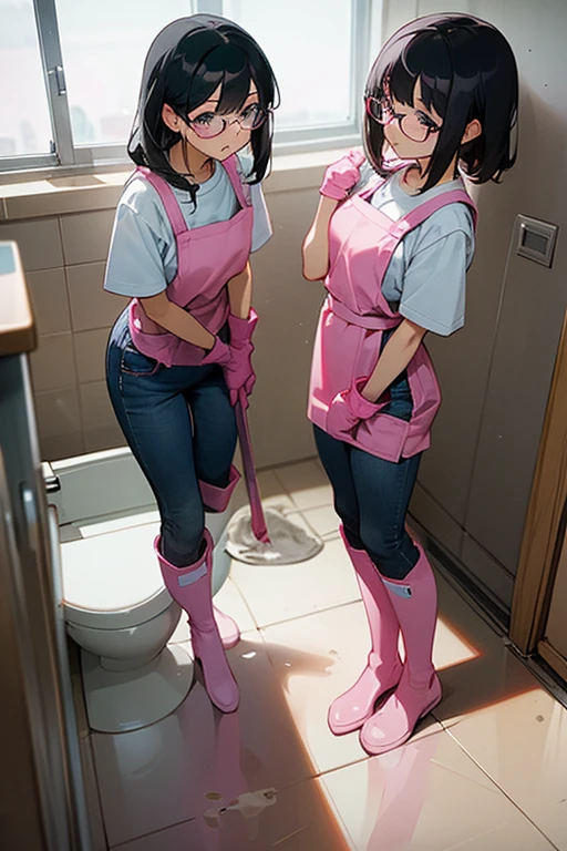 A pair of elementary school girls with glasses and black hair in jeans skirts and sweatshirts wearing large pink rubber gloves, white rubber boots and white aprons cleaning the dirty toilets at school