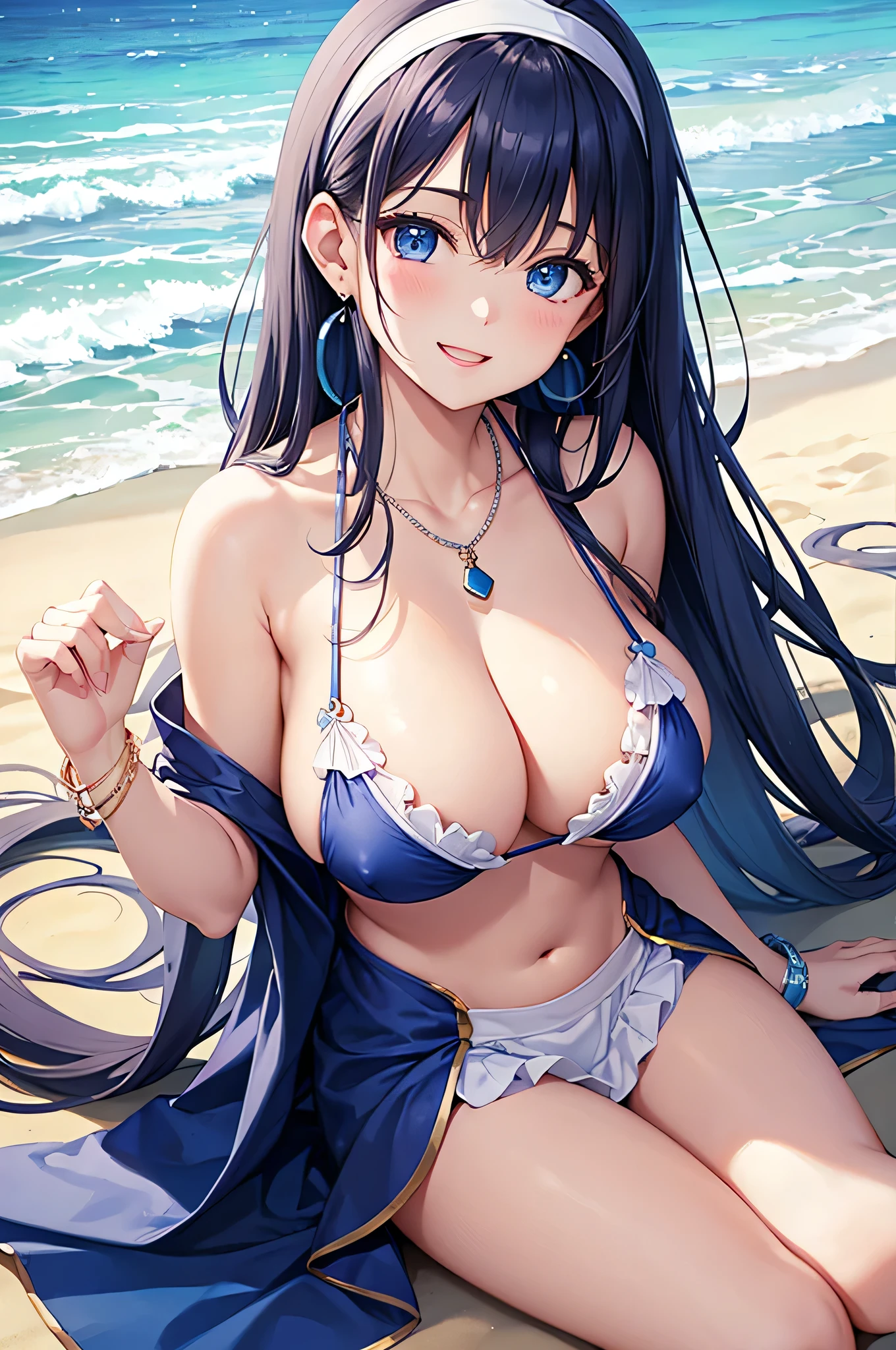 highest quality、highest quality、masterpiece、Beauty、Navy blue long hair、blue eyes、Navy Blue Bikini、Big cleavage、(Big Breasts),smile、blue necklace、Blue Earrings、background(Beach)、Please open your mouth wide、White headband、bracelet、Put your chest close