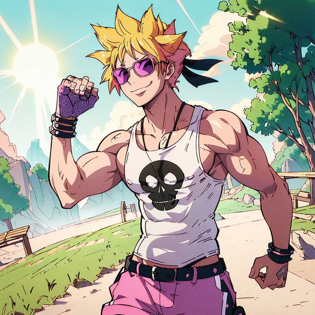 ((art by Kipteitei), wanostyle), ((Masterpiece, best quality, perfect lighting, amazing shading)), perfect anatomy, field of depth, man, detailed face, spiky blond hair, pink sunglasses, white tanktop with a skull, pink gym shorts, muscles, smile, beautiful sky sunset, detailed background