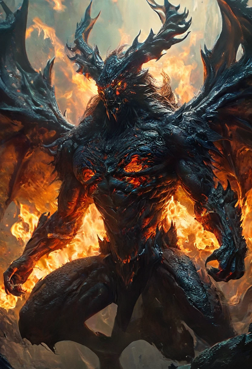 (highest quality,4K,8k,High resolution,masterpiece:1.2), Very detailed, (Realistic,photoRealistic,photo-Realistic:1.37), black creature, Otherworldly, Lovecraft, Chitinous Skin, Bioluminescence Pattern, Dark Color Palette, Spooky lighting.(Browsing Caution:1.4), black, red, orange, 非常に長く鋭いredい爪, Big Claws, Her body is bioluminescent. Moisturized Skin, (Extremely detailed and intricate skin patterns:1.2), (Translucent chitinous exoskeleton:1.3), (Very small waist:1.4), (Destroyed Anatomy:1.5), violent, erotic,Fenrir the Wolf:２.０,The Birth of the Demon King,blackい巨大な狼,