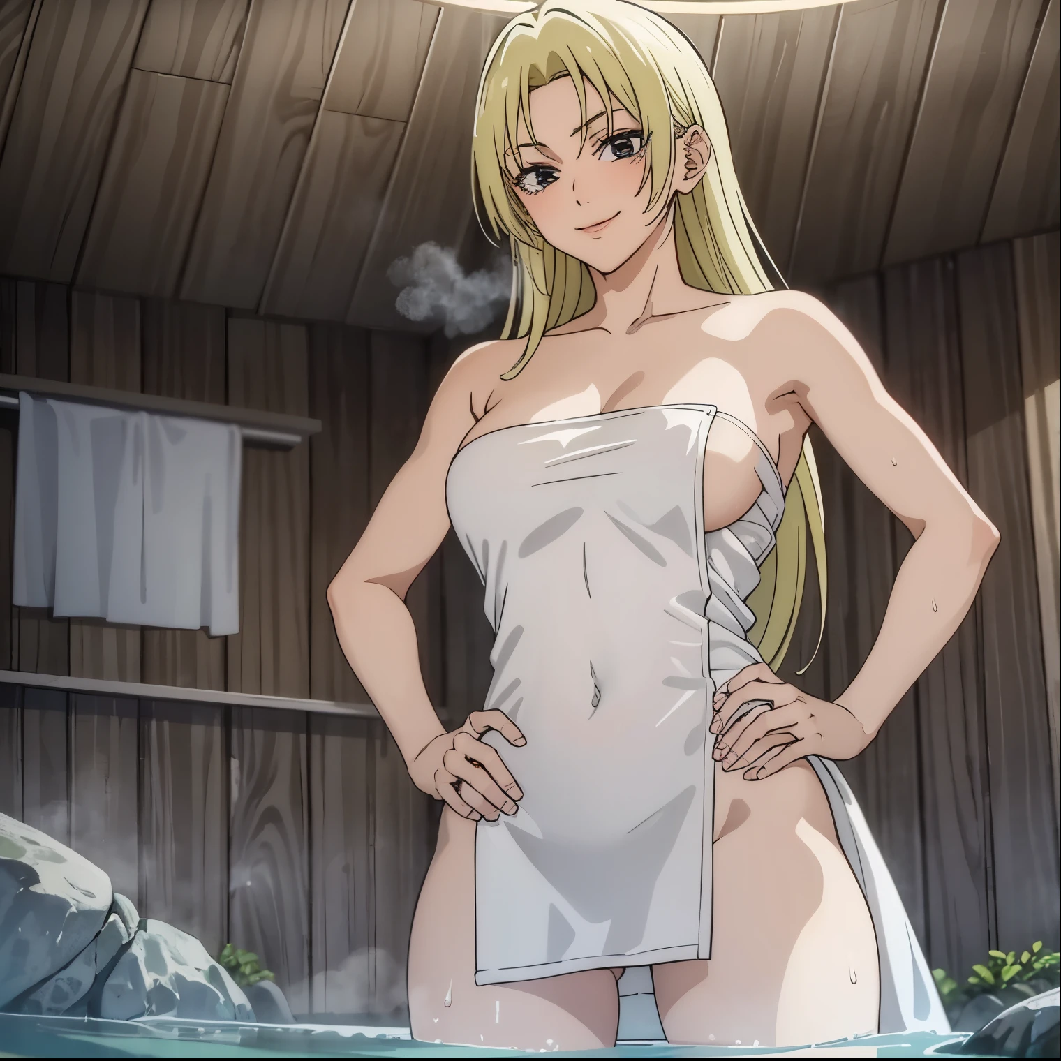 1 girl, alone, Yuki Tsukumo, ((best quality)), ((highly detailed)), masterpiece, detailed, large breasts, medium waist, wide hips, medium thighs, round butt, mature woman, blonde, long hair, female focus, sexy body, seductive, smile, standing,onsen, towel, naked towel, steam, bath, covered naked, partially submerged, water, bath, steam censor, wet towel, blushing, smiling, embarrassed, smile, looking at viewer, from behind, POV (From below), cowboy shot, smile, hand on hip, perfect hands, perfect anatomy