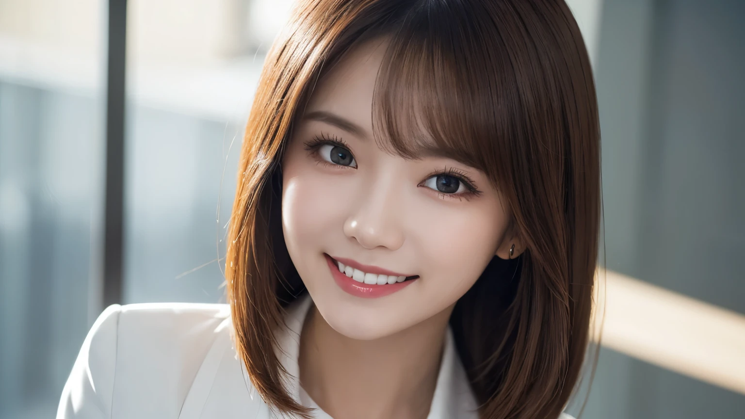 (Very detailed CG Unity 8k wallpaper, highest quality, Very detailed, Looking at the camera:1.2, The light shines on your face:1.5, Gray background, Professional Lighting), Japan female, 26 years old, Upper body composition with brightly lit face. She has an oval face, Soft arched eyebrows, bright expressive eyes,, pronounced nose, And a friendly smile. Her hair is shoulder-length, straight, Dyed a light chestnut color. She is wearing a smart casual blouse, Probably soft colors, Paired with a chic blazer, Embody her lively and sociable personality