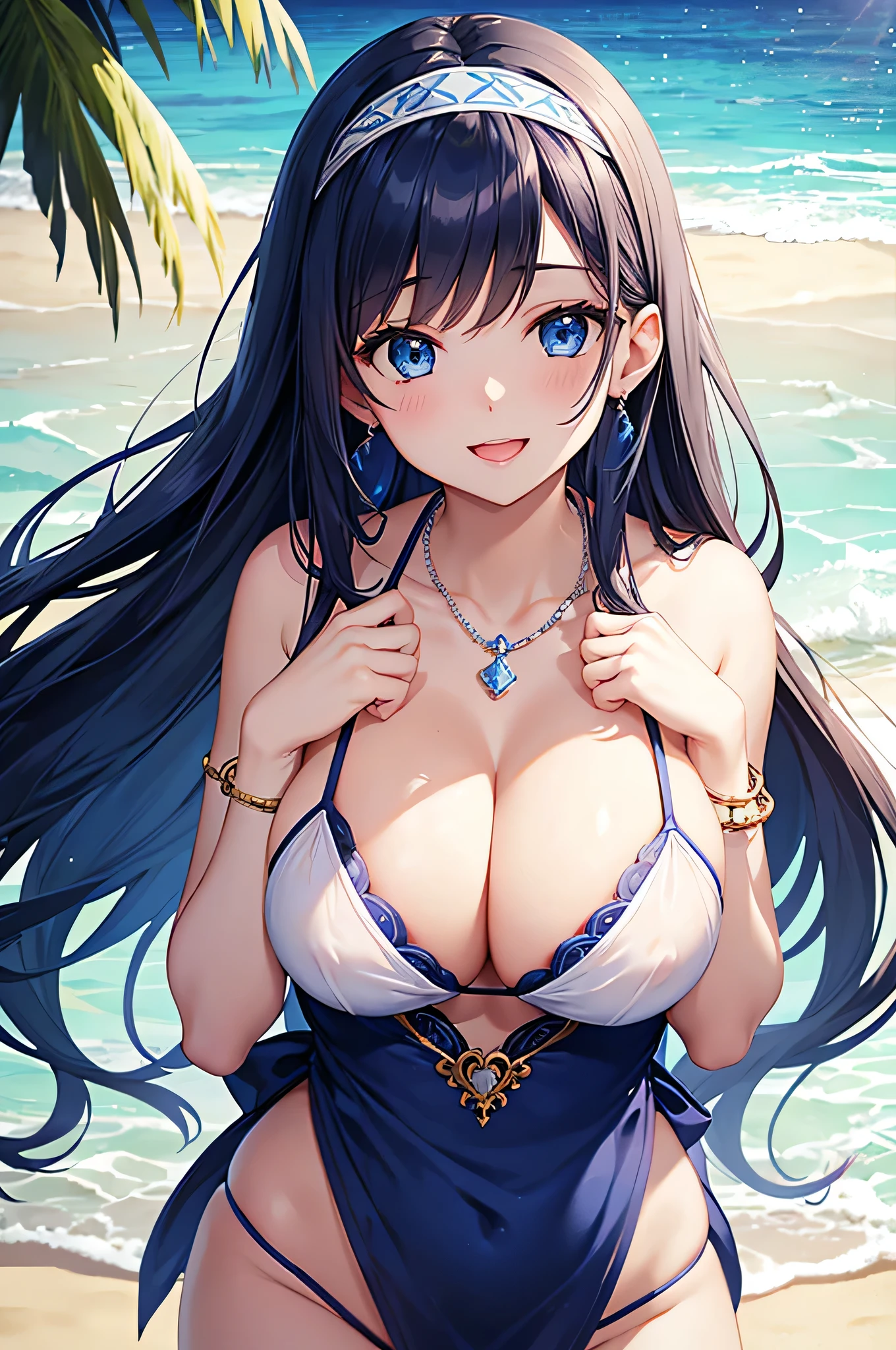 highest quality、highest quality、masterpiece、Beauty、Navy blue long hair、blue eyes、Navy Blue Bikini、Big cleavage、(Big Breasts),smile、blue necklace、Blue Earrings、background(Beach)、Please open your mouth wide、White headband、bracelet、Put your chest close