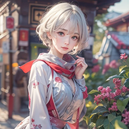 (masterpiece:1.3), (8k, Realistic, RAW Photos, Best image quality: 1.4), Fair-skinned fairy woman、short hair、Cleavage:2.0、Highly detailed face、Attention to detail、double eyelid、Sharp focus:1.2、Beautiful woman:1.4、Silvery white hair、highest quality、masterpiece、Ultra-high resolution、(Realistic:1.4)、Highly detailed and professionally lit smiles、Loose, Light, Wear Japan high school uniform:1.5、Red scarf、 one person、whole body,Cycling through Japanese cities、