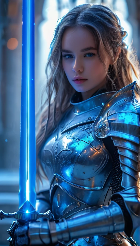 beautiful girl wearing futuristic knight armor, long hair, holding blue laser light sword, WateryStyle, blue, HKStyle, world, castle, bokeh, realistic, masterpiece, intricate detail, 8K, HDR,  