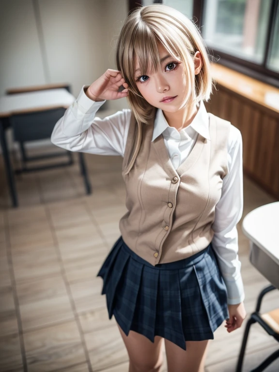 Masterpiece, Top Quality, Top Mikoto, brown eyes, short hair, small breasts, looking at viewer, alone, closed mouth, collared shirt, beige knit vest, dark blue  Skirt, school_uniform, shirt, white_shirt, classroom,Masterpiece, highest quality, 8K, detailed skin texture, fine cloth texture, beautiful detailed face, intricate details, super detailed,cute,cute posing,composition that shows the whole body,