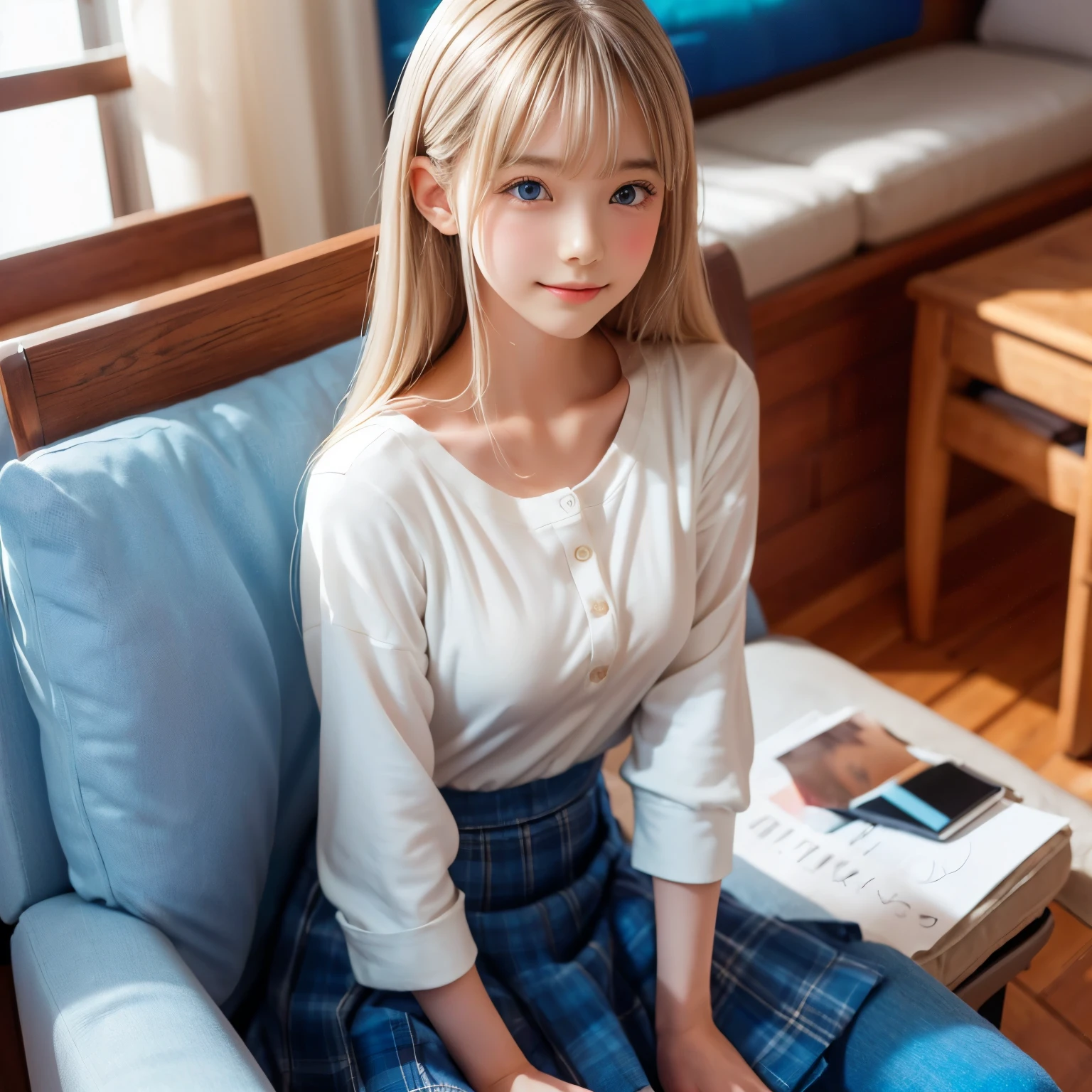 Detailed face, cute face, best quality, focus on face, soft light, (depth of border is described), ultra high resolution, (realistic:1.4), RAW photo, (moody lighting, night:1.2), bedroom, (bust up shot:1.4), alone, cute, (shy, smiling:1.1), (shiny platinum blonde silk hair, beautiful shiny bangs, big clear sky blue eyes, very beautiful bright eye highlights), detailed beautiful face, (midday hair), (recliner couch:1.4), (shirt:1.4, long skirt:1.4)