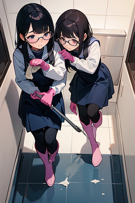A pair of girls with glasses and black hair in navy blue long sleeve uniforms cleaning the dirty toilets at school wearing large pink rubber gloves and white rubber boots