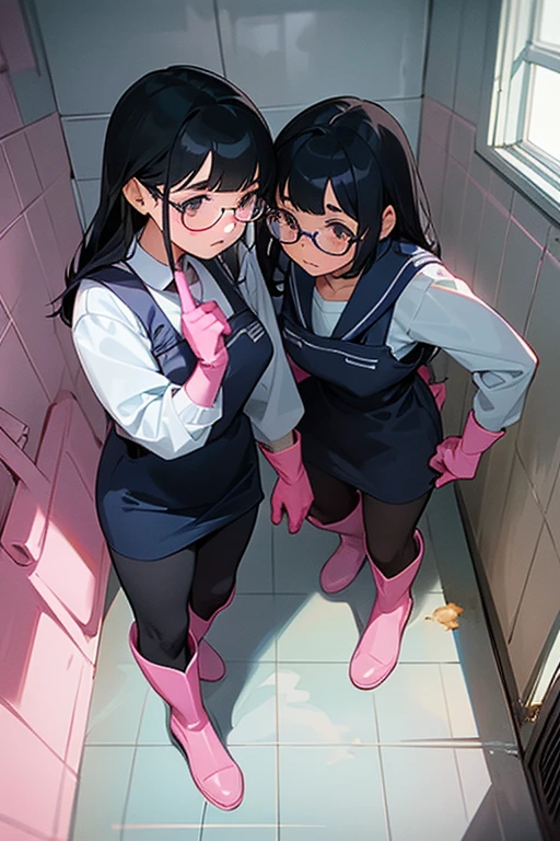 A pair of  girls with glasses and black hair in navy blue long sleeve uniforms cleaning the dirty toilets at school wearing large pink rubber gloves and white rubber boots