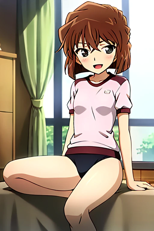 ((highest quality)), ((masterpiece)), (be familiar with), Perfect Face, indoor, Bedroom, Watching the audience,
One woman, Haibara Ai,
Open Mouth, Ecstatic expression, blush, smile,
Small breasts, Flat Chest, Young Girl, , , Girl,
Short Hair, short hair,
Gym suit, White short sleeves, Black shorts, Leg spread,