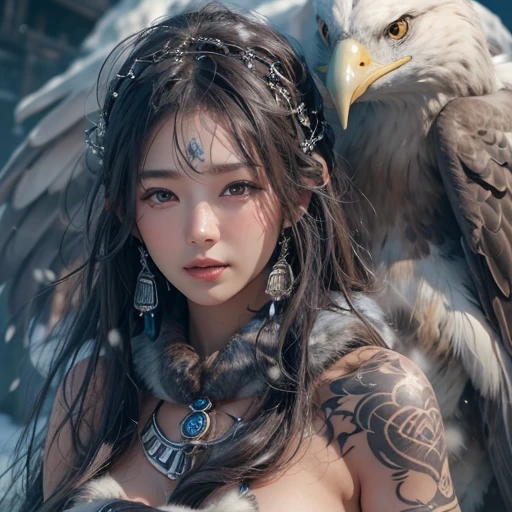 Hiding in the snowy mountains、Hair flow、 ((highest quality、masterpiece、8k、Best image quality、Ultra-high resolution、Award-winning works)、(Accurate anatomy:1.1)、(Look at me and smile:1.1)、Shining fair skin with Ultra-high resolution、The most detailed face、Ultra-high resolution detailed face、Ultra-high resolutionの髪の毛、(Ultra-high resolutionの煌めく瞳:1.1)、Beautiful face drawn in every detail、(Blurred Background:1.1)、Ancient Inuit clothing, Chest to chest, tattoo, Old ruins in the background、Apart from the real giant eagle