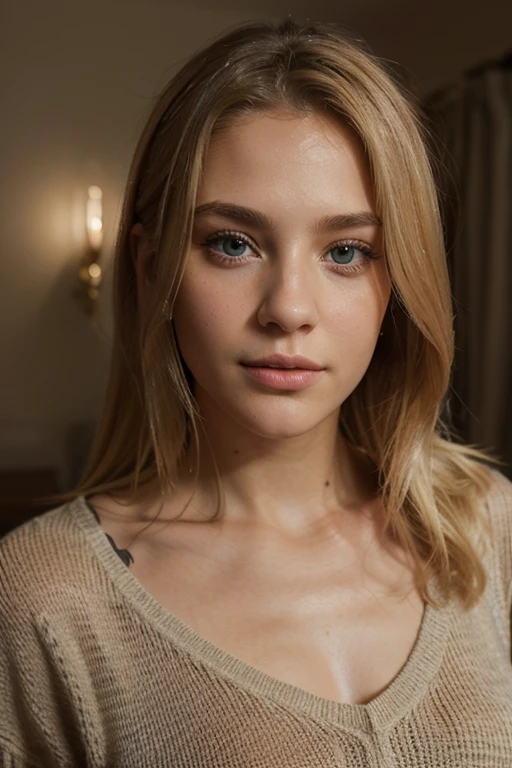 Beautiful girl modern fashion, french, cinematic style,8k resolution, soft lighting,skin and hair texture super details, eyes,nose, mouth are realistic details,Blonde hair, selfie cam, tétons qui pointent through his clothes, shameless face, Fashionably dressed