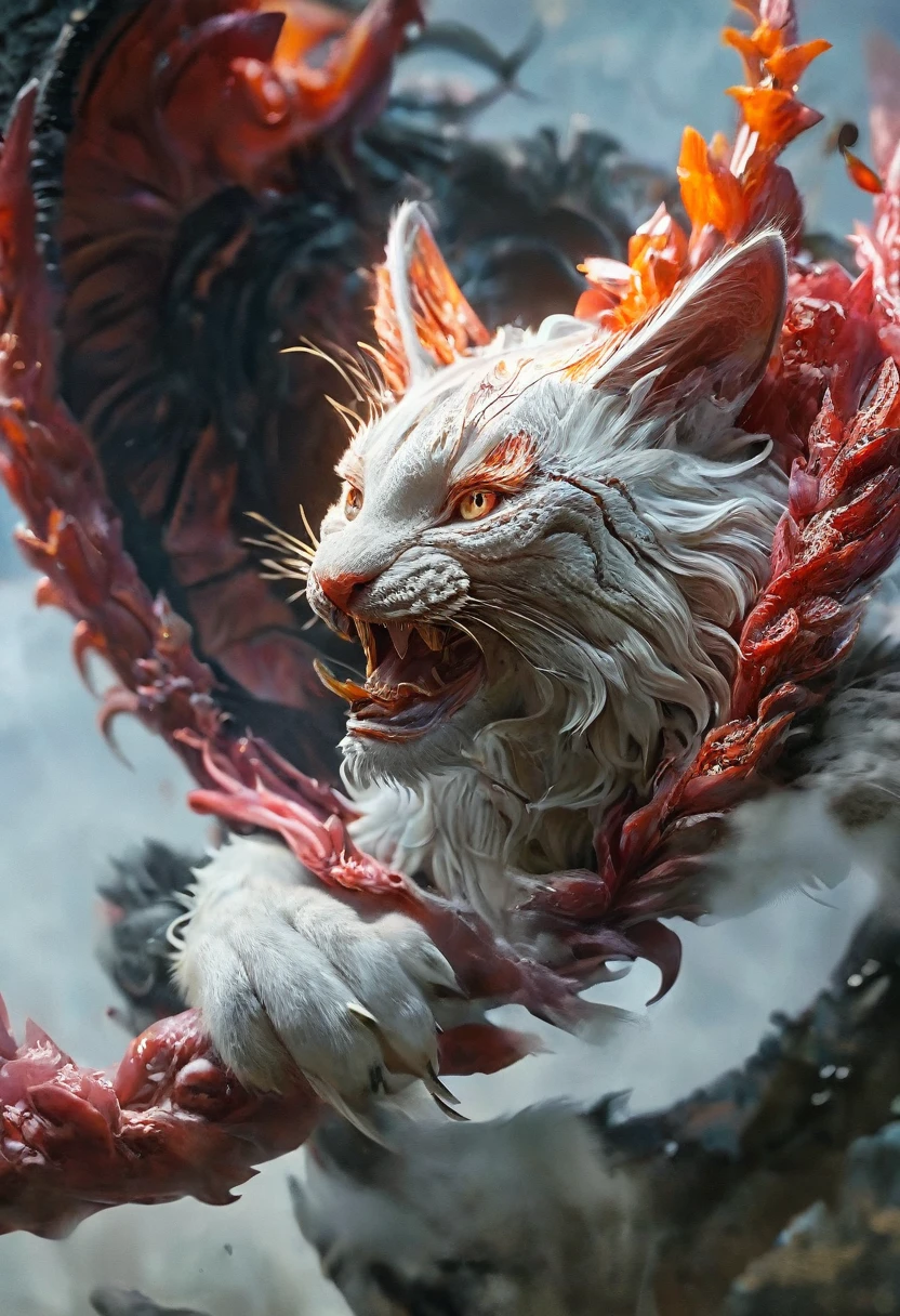 (highest quality,4K,8k,High resolution,masterpiece:1.2), Super detailed, (Realistic,photoRealistic,photo-Realistic:1.37), white creature, Otherworldly, Lovecraft, Chitinous Skin, Bioluminescence Pattern, Dark color palette, Spooky lighting.(Browsing Caution:1.4), white, pink, orange, Very long and sharp red claws, Big Claws, Her body is bioluminescent. Moisturized Skin, (Extremely detailed and intricate skin patterns:1.2), (Translucent chitinous exoskeleton:1.3), (Very small waist:1.4), (Destroyed Anatomy:1.5), violent, erotic,Cat,Cat:18,Catの妖怪,