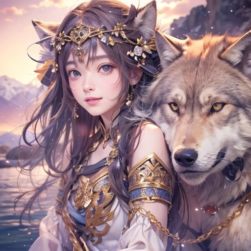 Lakeside surrounded by snowy mountains、Hair flow、 ((highest quality、masterpiece、8k、Best image quality、Ultra-high resolution、Award-winning works)、(Accurate anatomy:1.1)、(Look at me and smile:1.1)、Shining fair skin with Ultra-high resolution、The most detailed face、Ultra-high resolution detailed face、Ultra-high resolutionの髪の毛、(Ultra-high resolutionの煌めく瞳:1.1)、Beautiful face drawn in every detail、Ancient Viking clothing, Chest to chest, tattoo, A real wolf is by your side