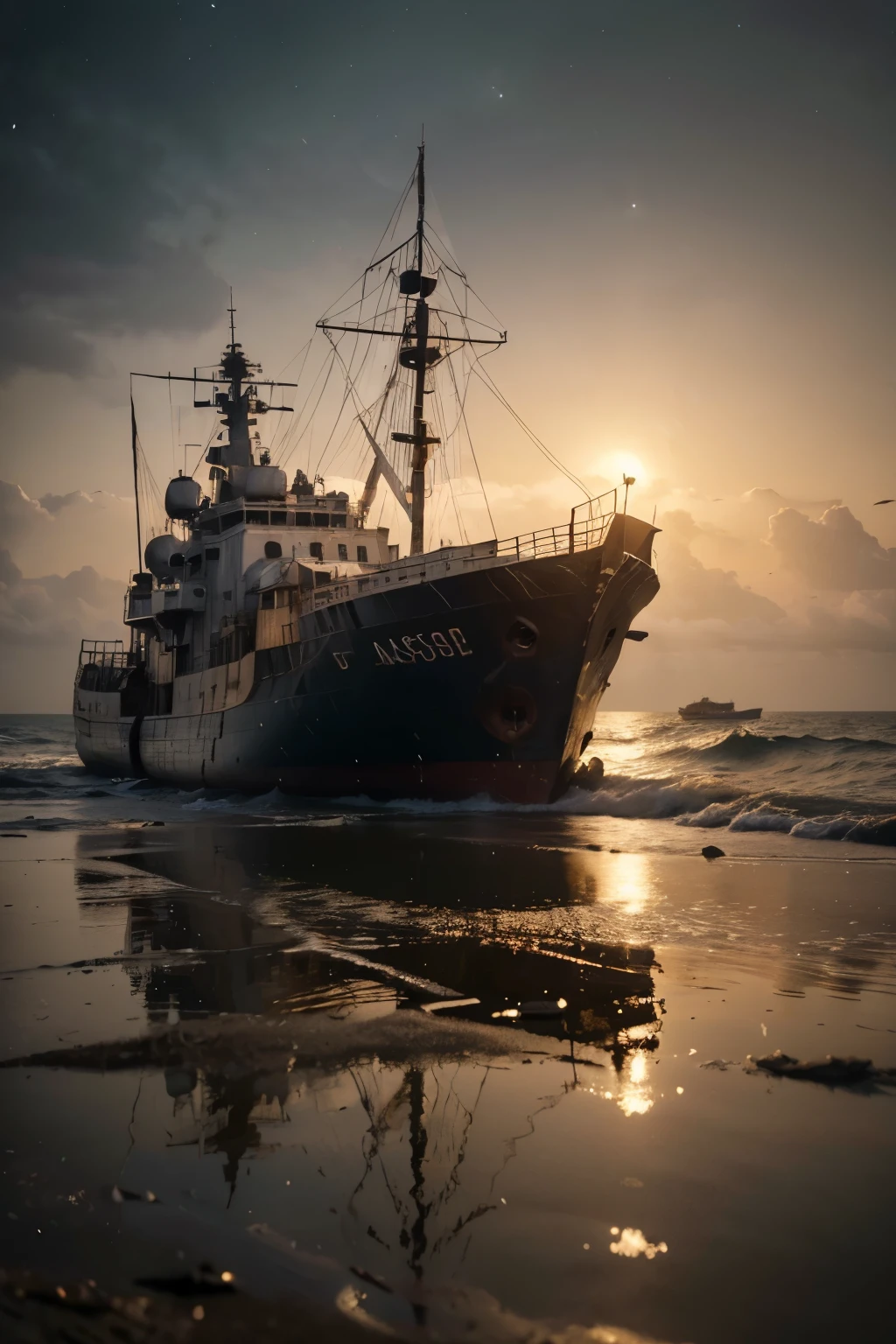a carcass of an old warship, jazz music on the beach at night, full moon, fine mist, highly detailed, intricate, cinematic lighting, moody atmosphere, dramatic shadows, ocean waves crashing, weathered and rusted metal, moonlight reflecting on water, abandoned and derelict, painterly, muted colors, soft focus, photorealistic, (best quality,4k,8k,highres,masterpiece:1.2),ultra-detailed,(realistic,photorealistic,photo-realistic:1.37)