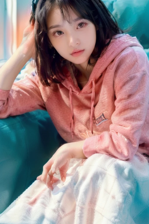 a close up of a person sitting on a couch with a hand on her head, black haired girl wearing hoodie, girl wearing hoodie, korean women's fashion model, beautiful young korean woman, gorgeous young korean woman, ulzzang, beautiful south korean woman, portrait of female korean idol, soft portrait shot 8 k, young and cute girl, young asian girl