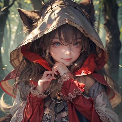 Standing in the forest、Hair flow、 ((highest quality、masterpiece、8k、Best image quality、Ultra-high resolution、Award-winning works)、(Accurate anatomy:1.1)、(Look at me and smile:1.1)、Shining fair skin with Ultra-high resolution、The most detailed face、Ultra-high resolution detailed face、Ultra-high resolutionの髪の毛、(Ultra-high resolution eye:1.1)、Beautiful face drawn in every detail、little red riding hood　Costumes , Chest to chest,  Strange atmosphere, A real werewolf stares at her......., Dark Light, in the forest , Heavy makeup 