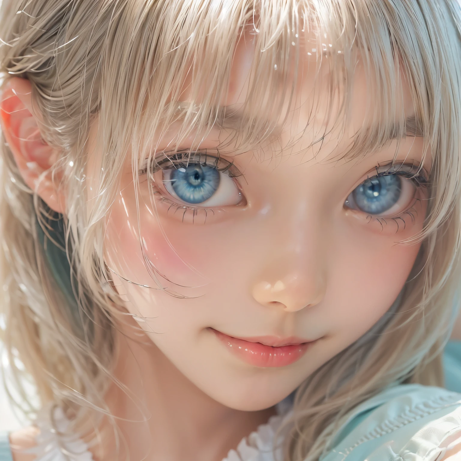 Detailed face, cute face, best quality, focus on face, soft light, (depth of border is described), ultra high resolution, (realistic:1.4), RAW photo, (moody lighting, night:1.2), bedroom, (bust up shot:1.4), alone, cute, (shy, smiling:1.1), (shiny platinum blonde silk hair, beautiful shiny bangs, big clear sky blue eyes, very beautiful bright eye highlights), detailed beautiful face, (midday hair), (recliner couch:1.4), (shirt:1.4, long skirt:1.4)