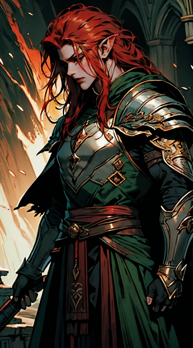 Obra de arte, melhor qualidade, 1 homem, adulto, foco masculino, sozinho, red hair, cabelo longo, olhos verdes vibrantes, heavy armor, male, cloak, pele escura, war cry, Fantasy aesthetic, altamente detalhado, estilo shadowverso, elf ear, armadura do cavaleiro elfo. Segurando alabarda chinesa, andando, Escrita, Deitado, standing, Nas suas costas, brigando, dynamic poses. Prepare-se para mergulhar em um mundo onde a beleza e o artesanato se fundem perfeitamente