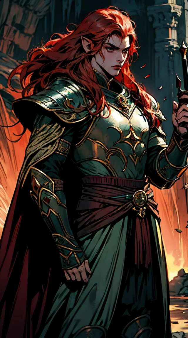 Obra de arte, melhor qualidade, 1 homem, adulto, foco masculino, sozinho, red hair, cabelo longo, olhos verdes vibrantes, heavy armor, male, cloak, pele escura, war cry, Fantasy aesthetic, altamente detalhado, estilo shadowverso, elf ear, armadura do cavaleiro elfo. Segurando alabarda chinesa, andando, Escrita, Deitado, standing, Nas suas costas, brigando, dynamic poses. Prepare-se para mergulhar em um mundo onde a beleza e o artesanato se fundem perfeitamente