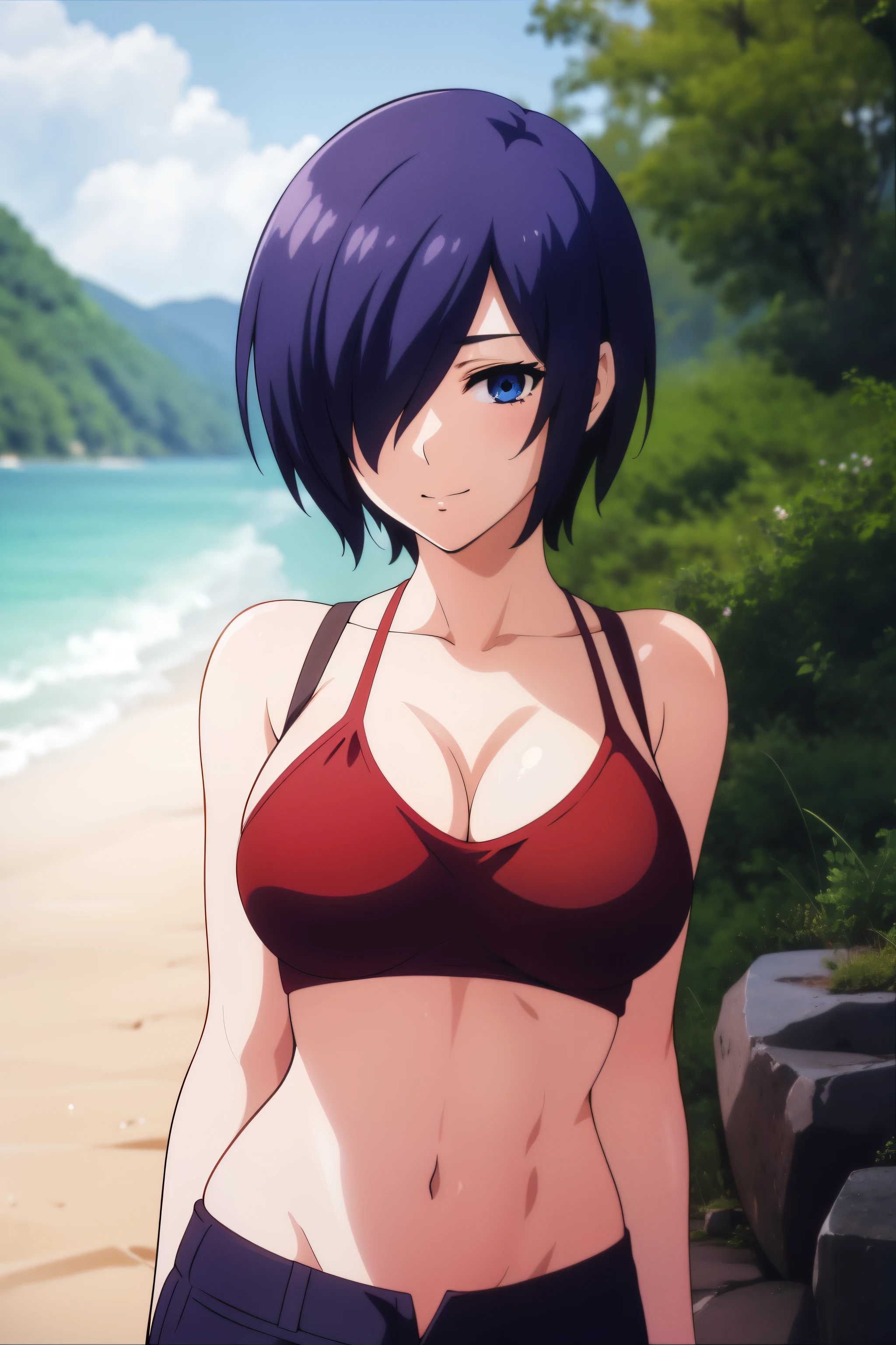 RAW photo, a portrait photo of woman, (high detailed skin:1.2), 8k uhd, dslr, soft lighting, high quality, film grain, Fujifilm XT3, ((blue eye)) , short hair, woman, bare shoulders, straddling, straddling viewer, masterpiece, 1girl, HDR, UHD, 4K, ocean, island, outdoors, bright sky, sunny, clear sky, red bikini, small bikini, string bikini, huge breasts, two piece bikini, thong panties, big breasts, red thong, large breasts, cleavage, slim waist, slim stomach, slim, underboob, nice thighs, nice ass, big ass, cameltoe, full frame, upper body in frame, cowboy shot, looking at view, smile, giant breasts,