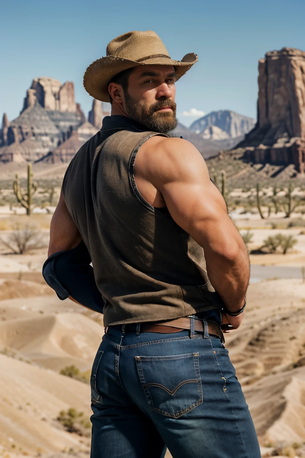 Mature man, big body, very handsome, best quality, adventurer, with brown texas hat, blue jeans,  dark gray vest, , masterpiece, super high resolution, detailed background, reality, , single, 1 boy, muscle man, beard, desert, desert, mountain, muscle, facial hair, volumetric lighting, depth of field, wheezing, raised crotch, handsome action, big dynamics, (((big butt))) ((backside))