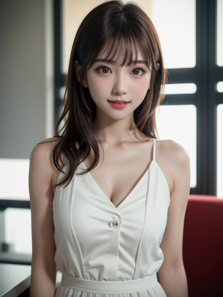 White see-through blouse,Face Interview, (Photo Real:1.4), (hyper realisitic:1.4), (realisitic:1.3), (Smooth lighting:1.05), (Improve video lighting quality:0.9), 1womanl, a 20 yo woman, Realistic lighting, Back lighting, Facial light, raytrace, (cheerfulness:1.2), (Improved image quality:1.4), (Finest Real Textured Skins), finely eye, a small face, Red cheeks, skinny body, medium-breasted pointed jaws,,,, Korean Idol, Nogizaka Idol, glowy skin, hposing Gravure Idol, P, Blunt bangs, light brown hair, hair behind ear, hair over shoulder, Long hair,Tear bag,Summer plateau、