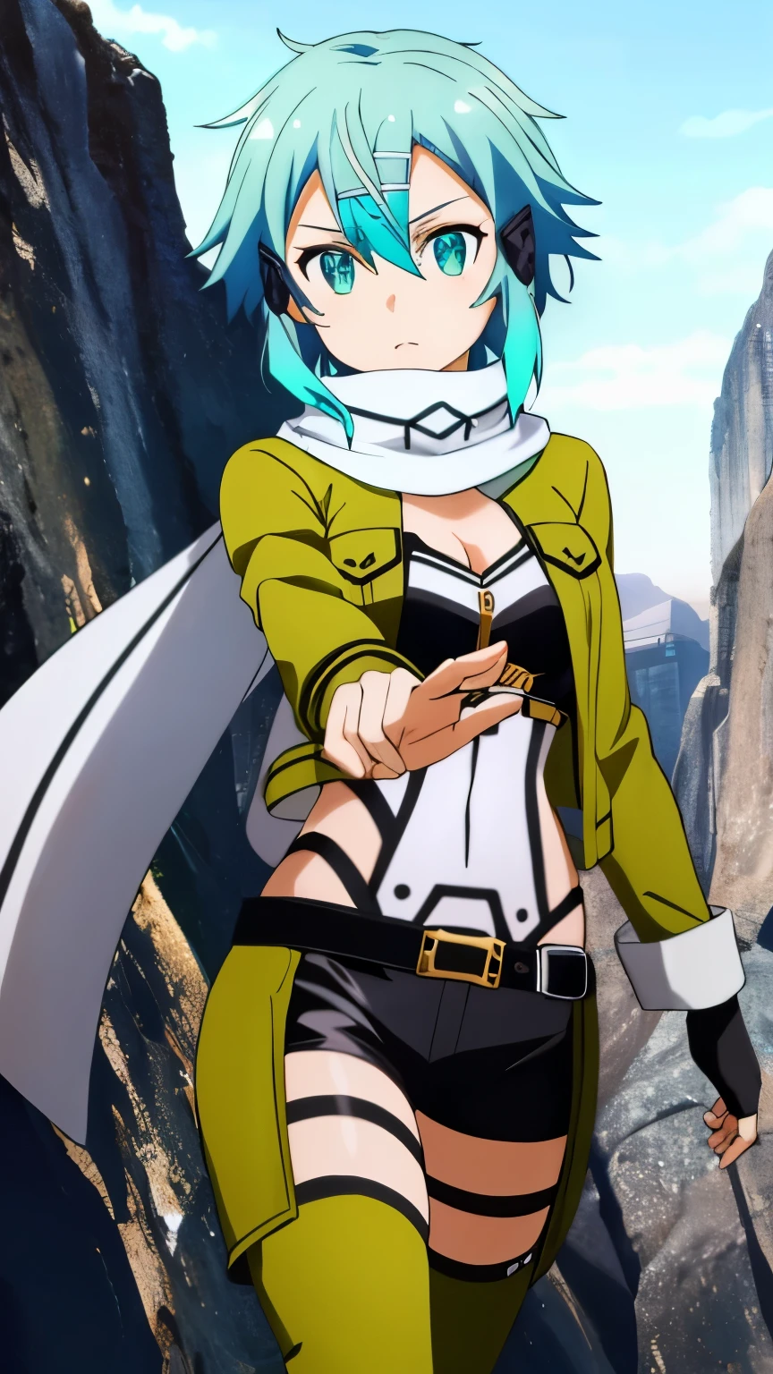 (Top Quality, Masterpiece, 8k:1.2), Ultra Detailed, High Resolution, Anime, 1 Girl, Solo, EPsoaSinon, Short Hair, Light Blue Hair, Detailed Jewel Eyes, Hair Between Eyes, (Hair Accessory:1.2), Hair Clip, Side Locks, Green Jacket, Black Footwear, Black Gloves, Black Shorts, Fingerless Gloves, Gloves, Green Legwear, Jacket, Long Sleeves, Open Jacket, Scarf, Short Hair With Long Hair, Short Shorts, Shorts, White Scarf, dynamic Angle, Cowboy Shot,looking at viewer,